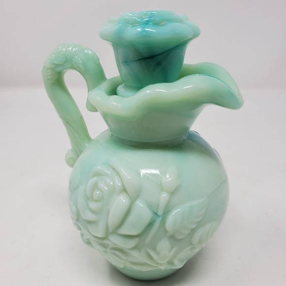 Vintage Avon Bath Oil Milk Glass Decanter Stopper Jadeite Rose Floral Bottle - Picture 3 of 13